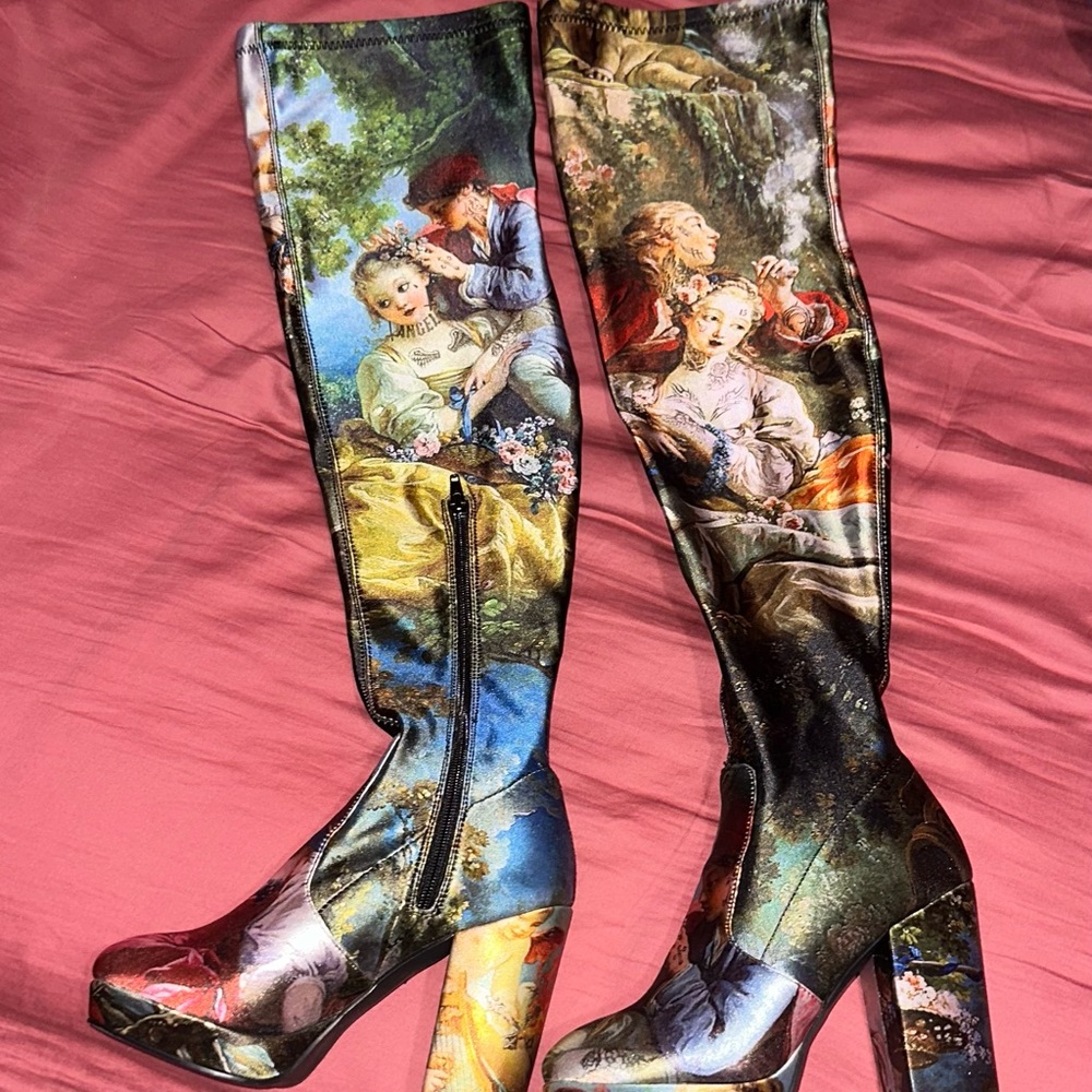 Artistic Print Knee-High Boots